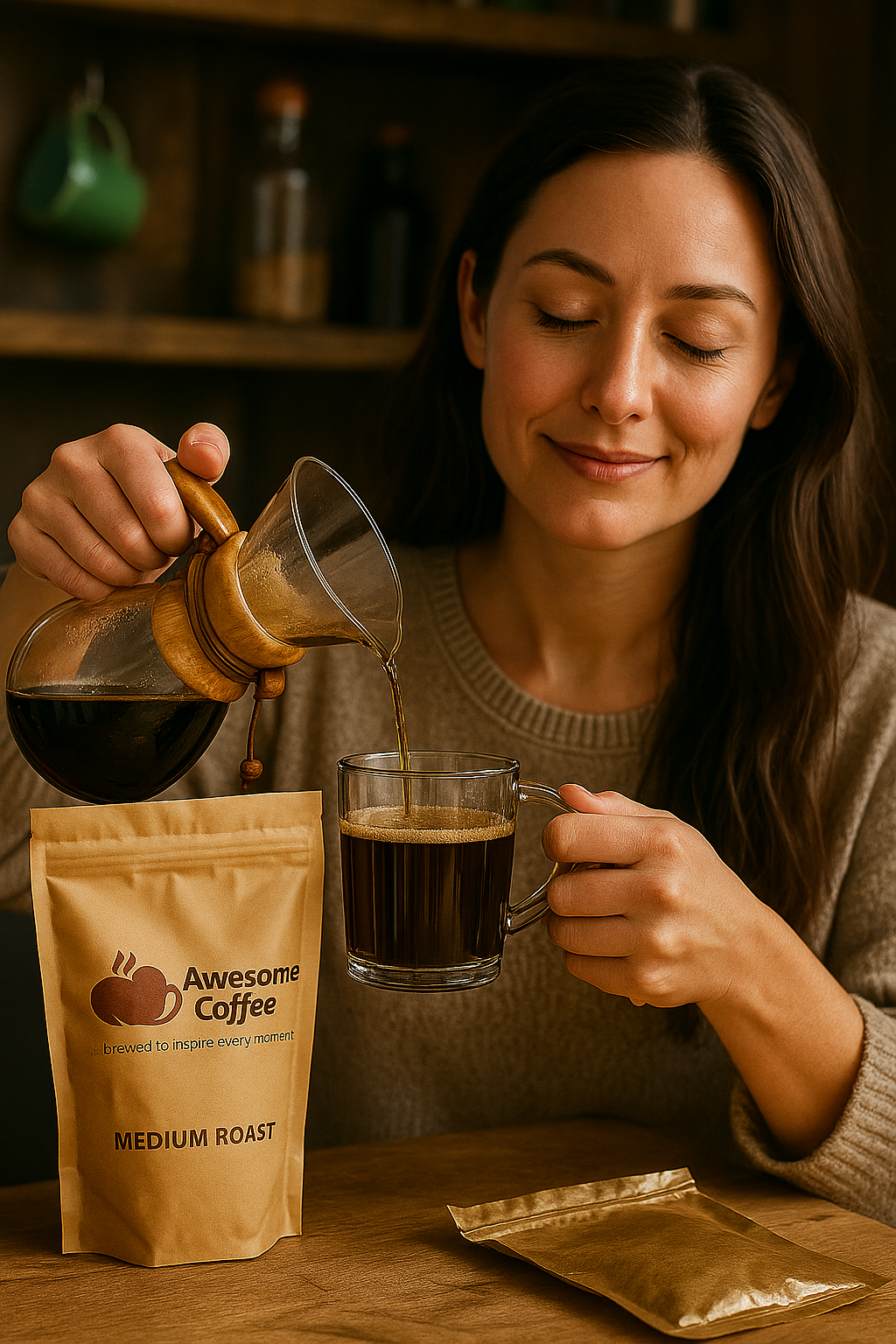 A warm home kitchen scene with a fresh cup of coffee