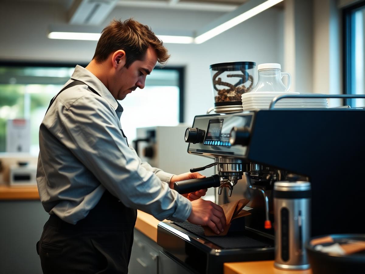 Technician cleaning and servicing an office coffee machine